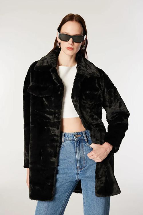 Kadın Onlvıda Çıt Çıt Kapamalı Peluş Kaban 15260048 Siyah