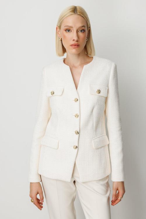 Kadın Kapak Cepli Tüvit Ceket 5043 Ekru