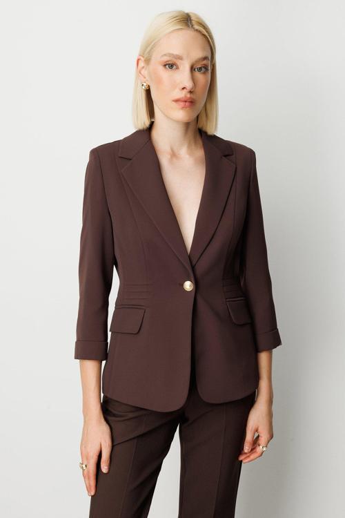 Kadın Kapak Cepli Duble Kol Ceket 5203 Kahverengi