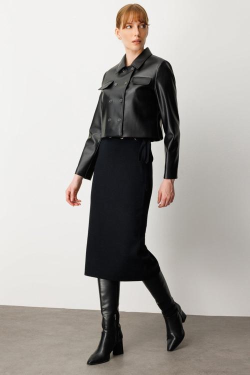 Kadın Çıtçıtlı Deri Crop Ceket 5087 Siyah