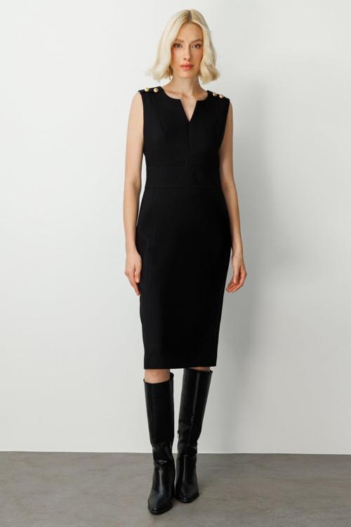 Kadın Süs Düğme Detaylı Kolsuz Elbise 4015 Siyah