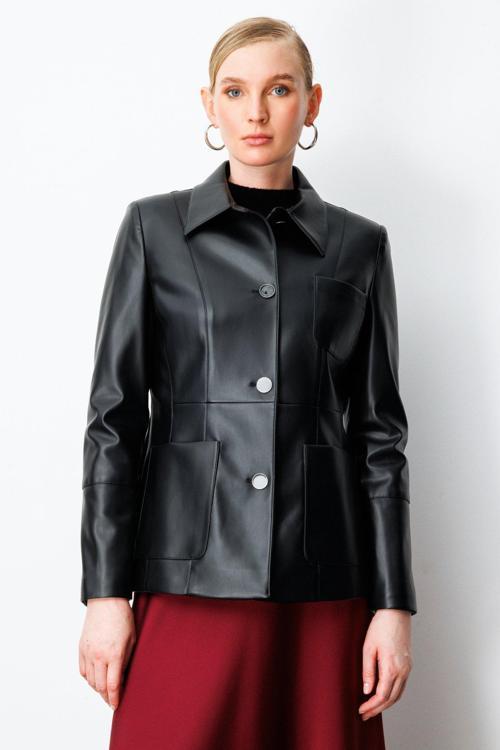 Kadın Torba Cepli Deri Ceket 5083 Siyah