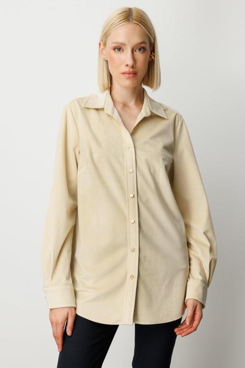 Kadın İnce Fitilli Kadife Gömlek 3045 Ekru