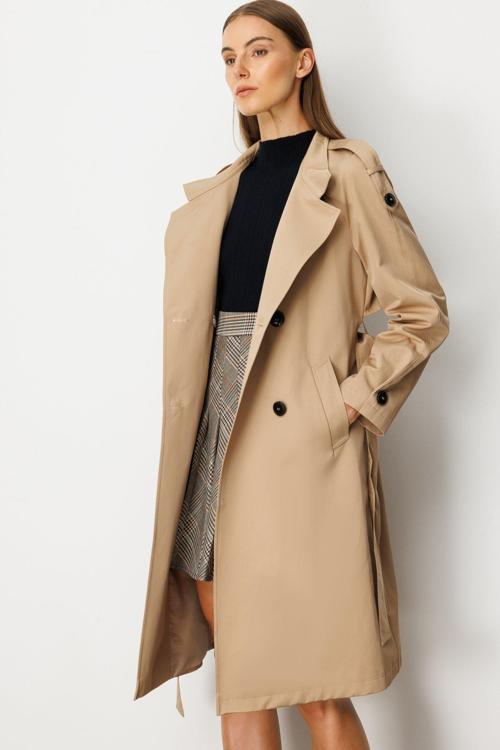 Kadın Dik Yaka Beli Kuşaklı Trençkot 7003 Camel