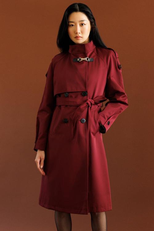 Kadın Dik Yaka Beli Kuşaklı Trençkot 7003 Bordo