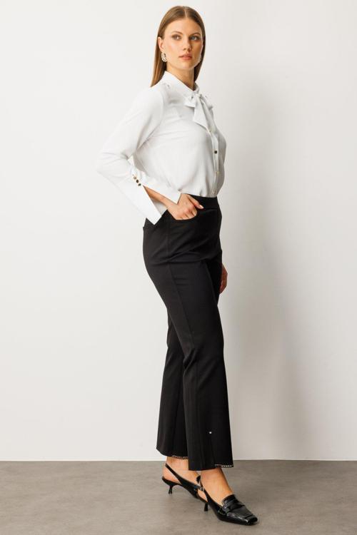 Kadın Büyük Beden Paçası Taşlı Dantelli Pantolon 1091 Siyah