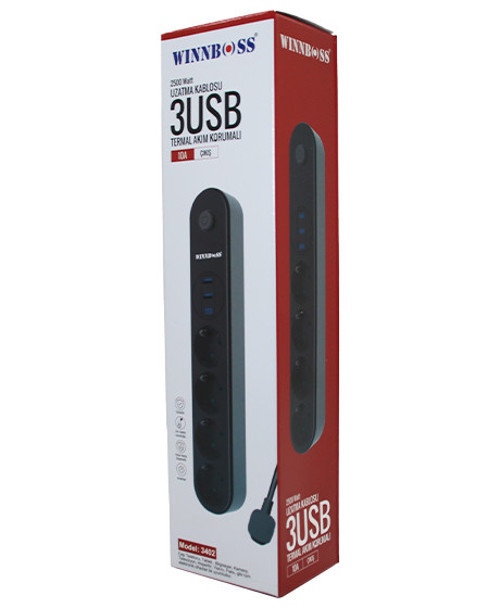 TERMAL AKIM KORUMALI 4LÜ PRİZ 3XUSB 2MT ANAHTARLI UZATMA KABLO SİYAH 10A - 2500W (5250)