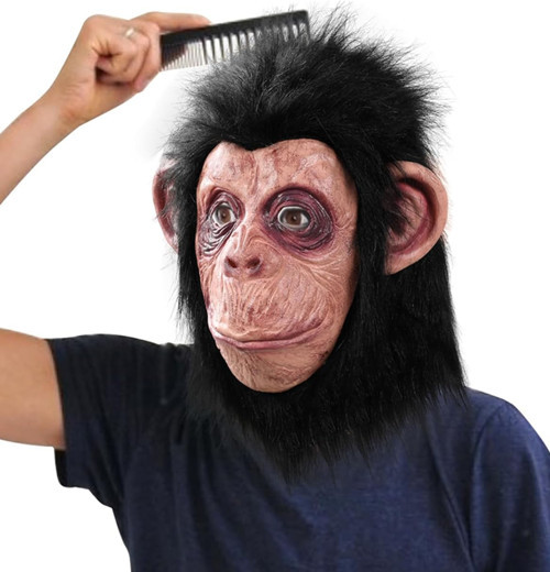 Siyah Saçlı Kafaya Tam Geçmeli Lateks Şempanze Maskesi - Lateks Maymun Orangutan Goril Maske Et Maske (5250)