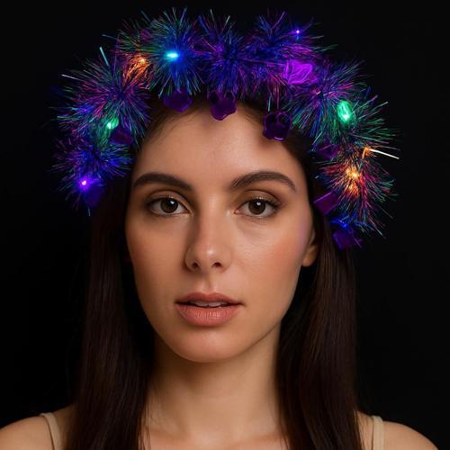 Kalp Püsküllü Gece Parıltısı 3 Modlu LED'li Işıklı Taç Mor Renk (5250)