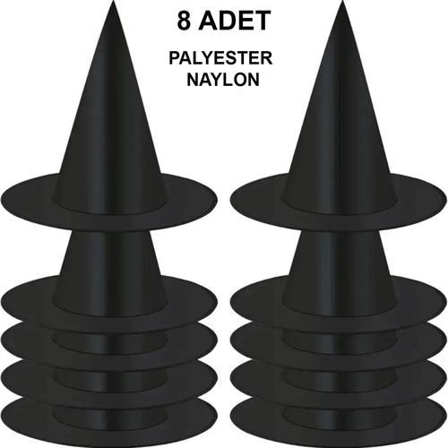 8 Adet Siyah Cadı Şapkası – Yetişkin &amp; Çocuk Kostüm Aksesuarı (5250)