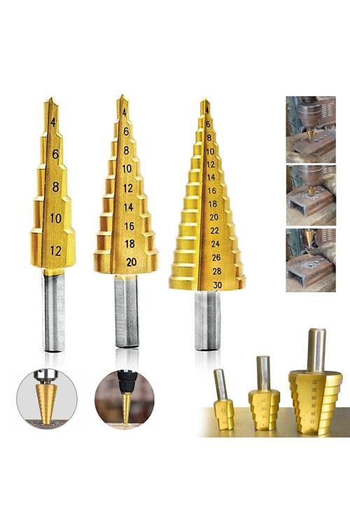 3 lü Set Matkap Ucu Kademeli Sac Delme Aparatı HSS Titanyum Kaplama (5250)