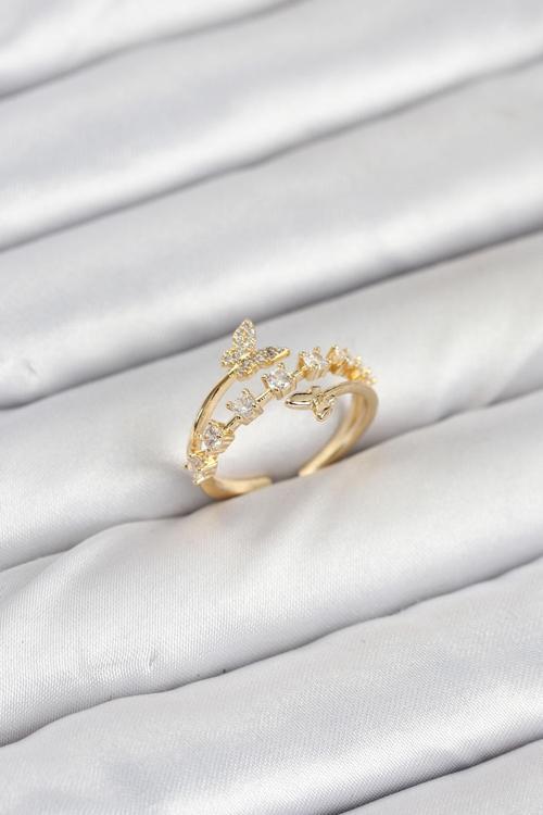 Pirinç Gold Renk Zirkon Taşlı Kelebek Model Kadın Yüzük 3850