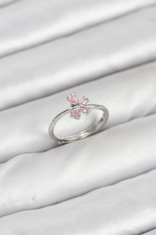 Pirinç Gümüş Renk Pembe Kelebek Kadın Yüzük 3871