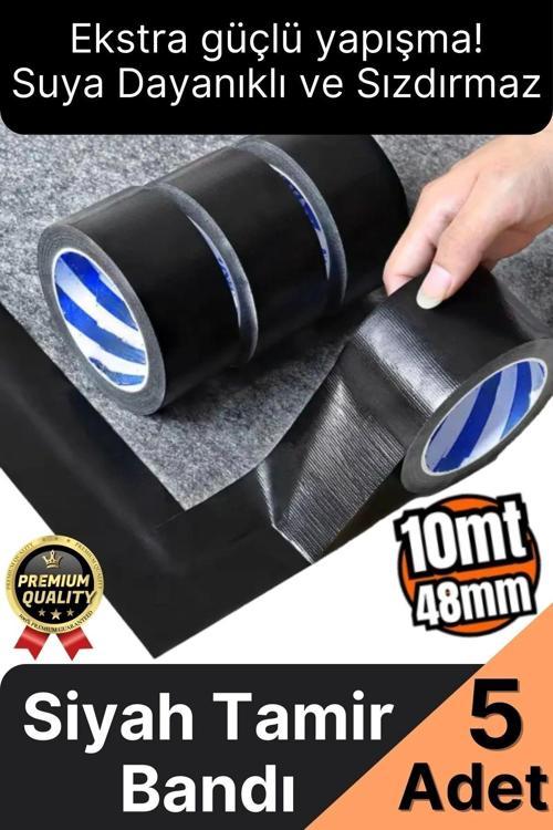5 Adet Ekstra Güçlü Dayanıklı Su Geçirmez Sızdırmaz Yalıtım İzolasyon Siyah Tamir Bandı 10 Mt 48 Mm