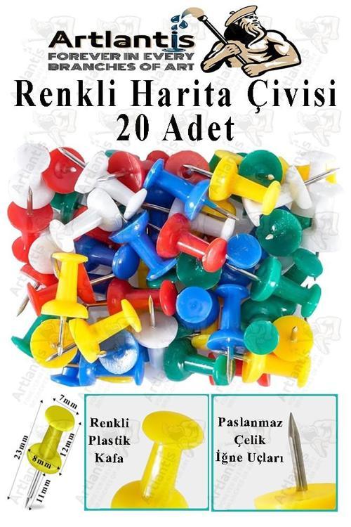 Harita Çivisi Renkli 20 li 1 Paket Renkli Plastik Mantar Pano Raptiyesi Pano İğnesi Ofis Okul Büro Renkli Harita Çivisi