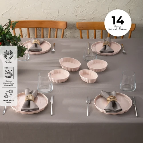 Cozy 14 Parça 6 Kişilik Porselen Kahvaltı Takımı Pembe