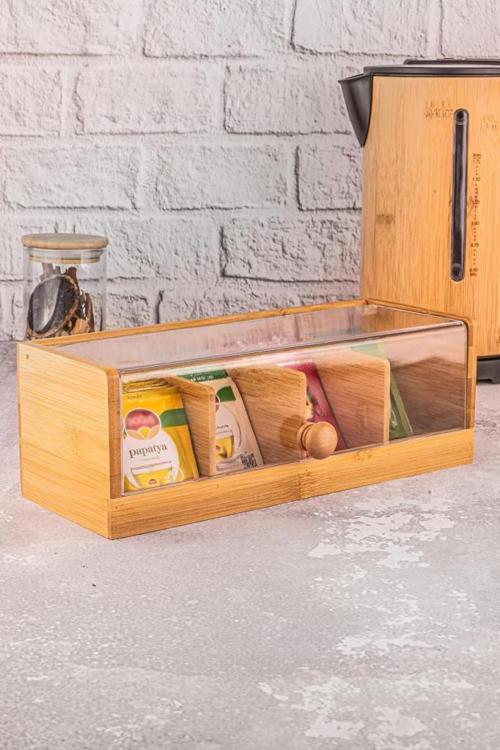 Bambu Çay Kutusu 4 Bölmeli Kapaklı Bitki Çayı Saklama Kabı 