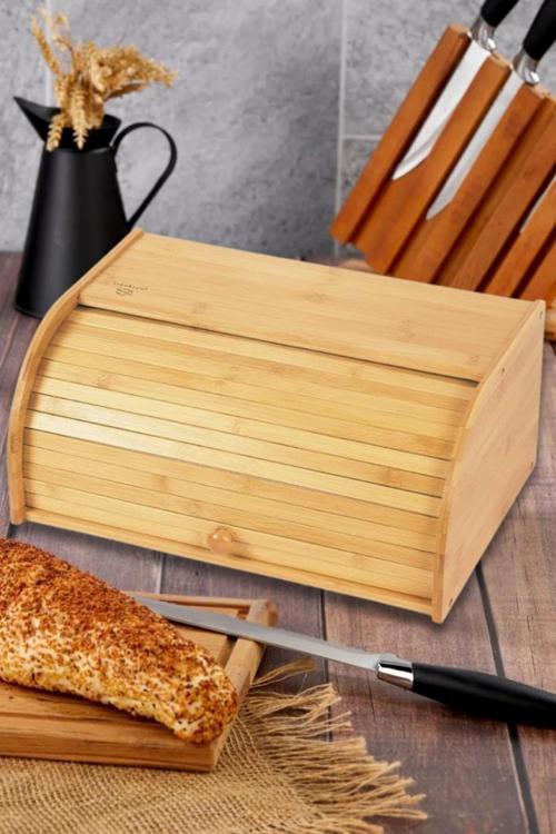 Bambu Ekmeklik Ekmek Saklama Kutusu Sürgülü Kapaklı