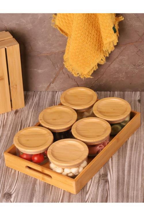 Duo 300 ml Silikonlu Bambu Kapaklı Cam Kahvaltılık Lüx Kahvaltılık Sunum Seti