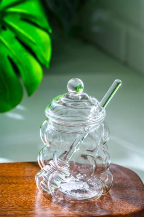 Kaşıklı Borosilikat Cam Bal Kavanozu - Kapaklı Boncuk Şekilli Reçellik Bal Reçel Kavanozu 400ml