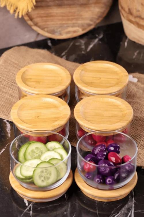 Duo 300ml 6'lı Bambu Kapaklı Cam Kahvaltılık Seti