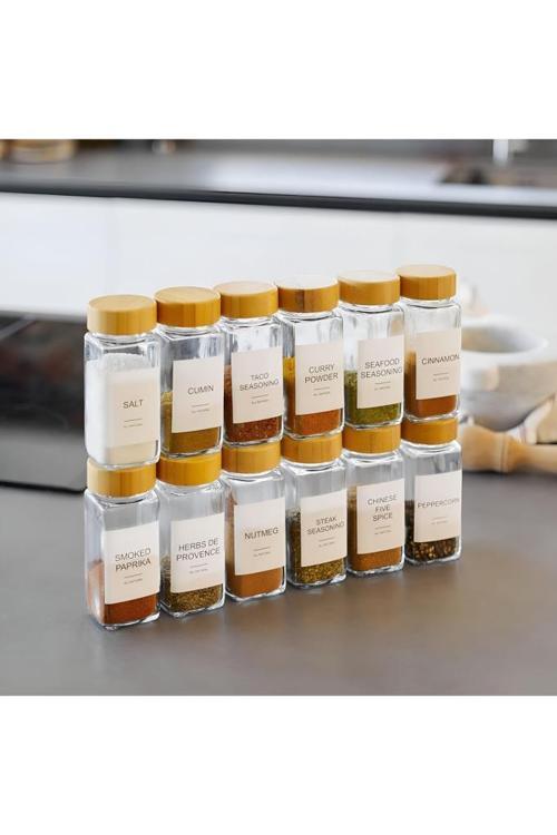 12'li Baharat Kavanozu Bambu Kapaklı Kavanoz Serpme Başlıklı Baharatlık Türkçe Etiketli