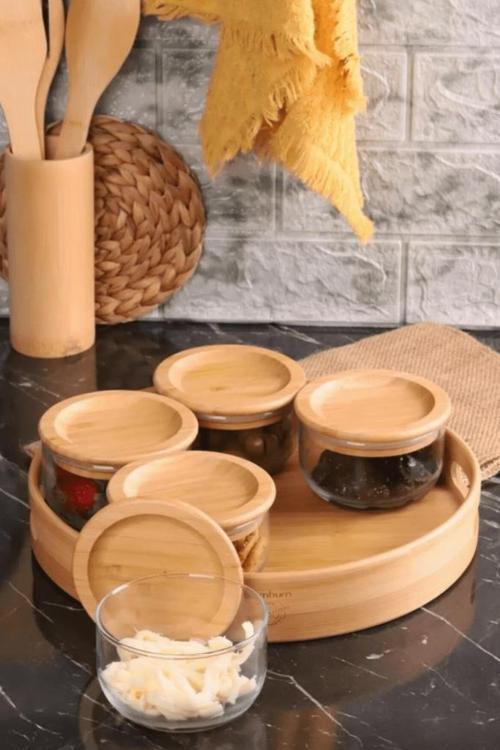 Duo 300 ml Silikonlu Bambu Kapaklı Cam Kahvaltılık Lüx Kahvaltılık Sunum Seti