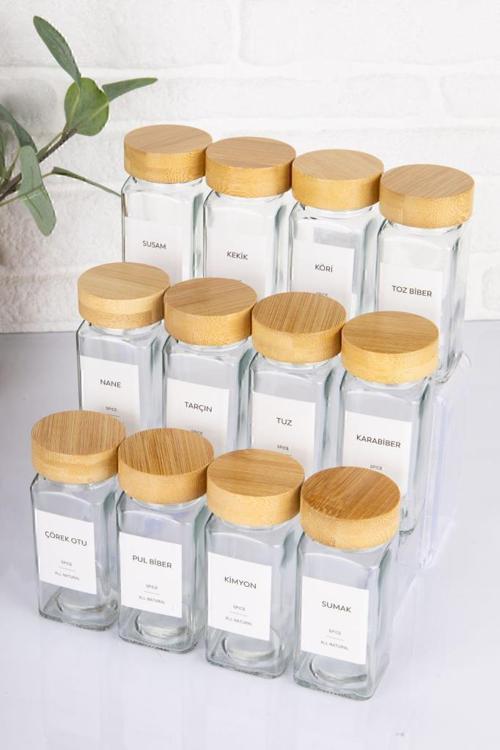 Bambu Kapaklı 12'Li Baharatlık Takımı Köşeli