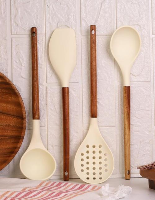 Akasya Saplı Silikon Uçlu 4 Parça Mutfak Servis Seti - Yemek Hazırlama Seti