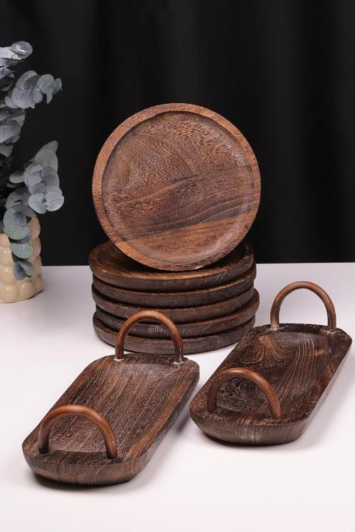 8 Parça Pavlonya Obsidian Ahşap Sunum Seti – Yuvarlak ve Dikdörtgen Ayaklı Servis Tabaklar