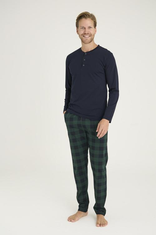 Erkek %100 Pamuklu Düğmeli Yaka Ekose Desen Uzun Kollu Pijama Takım