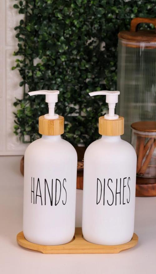 2’li Beyaz Mutfak Sıvı Sabunluk Seti 500ml+500ml Bambu Standlı