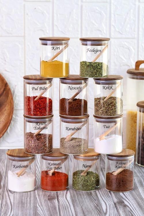 Akasya Silikonlu Kapaklı Borosilikat Cam Baharatlık - 250 ml Baharat Takımı + Etiket Hediyeli