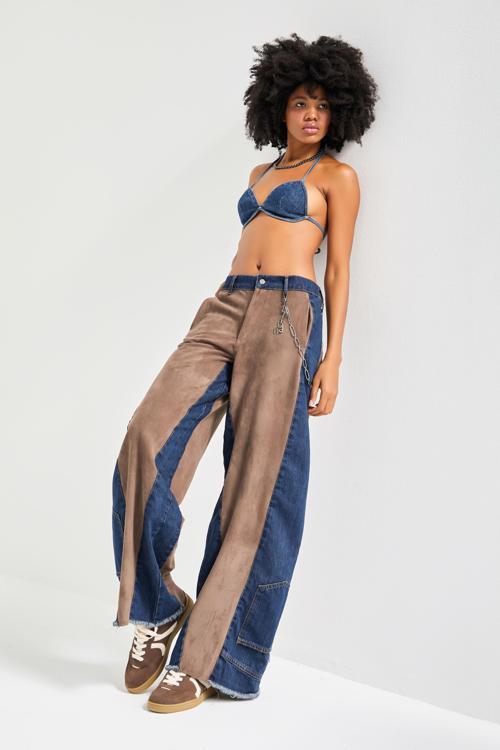 Kadın Kahve Kot Rengi Süet Denim Parçalı Bol Kesim Özel Tasarım Denim Pantolon