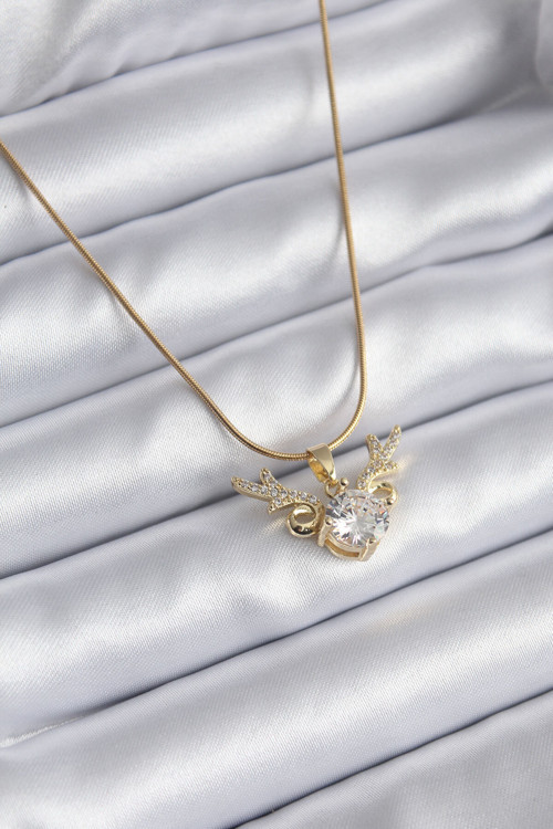 316L Çelik Gold Renk Zirkon Taşlı Boynuz Model Kadın Kolye - Lisinya