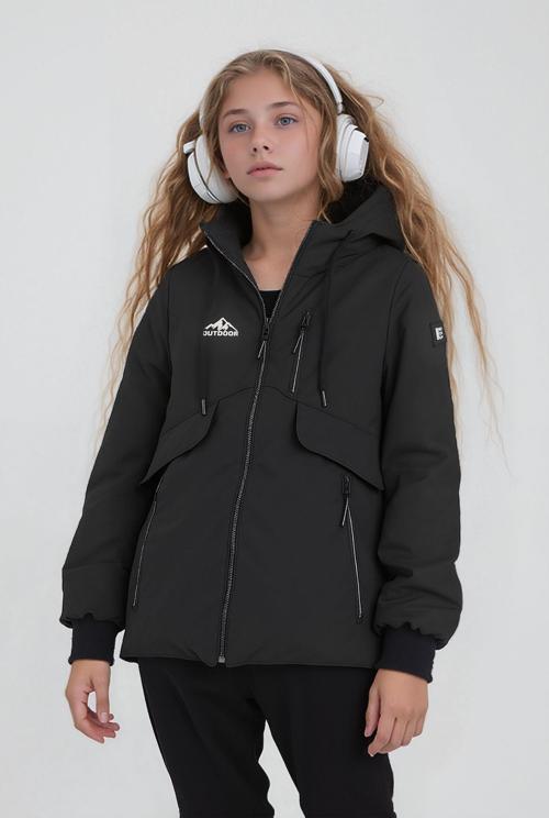 Kız Çocuk Siyah Outdoor Su İtici Kapüşonlu Kaban – Rüzgar Geçirmez, Hafif ve Dayanıklı