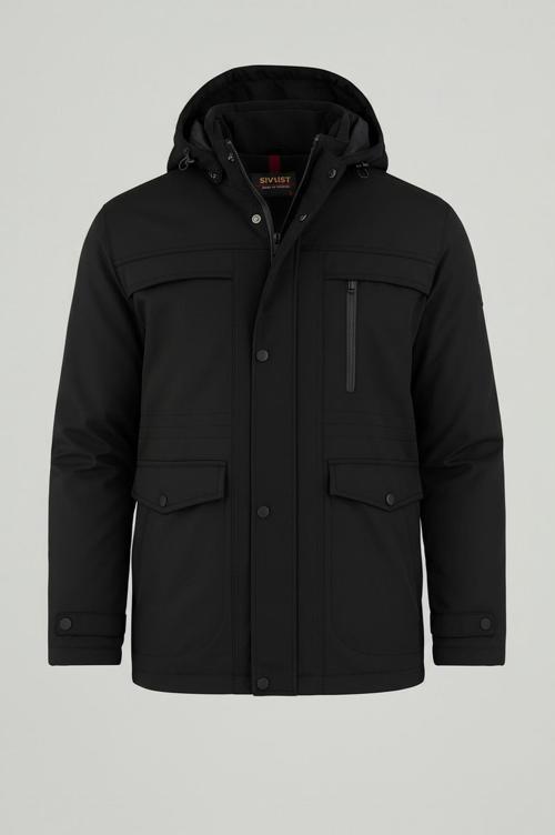 Erkek Siyah Pamuk Polyester Karışımlı Kürklü Çıkartılabilir Kapüşonlu Mont&Kaban