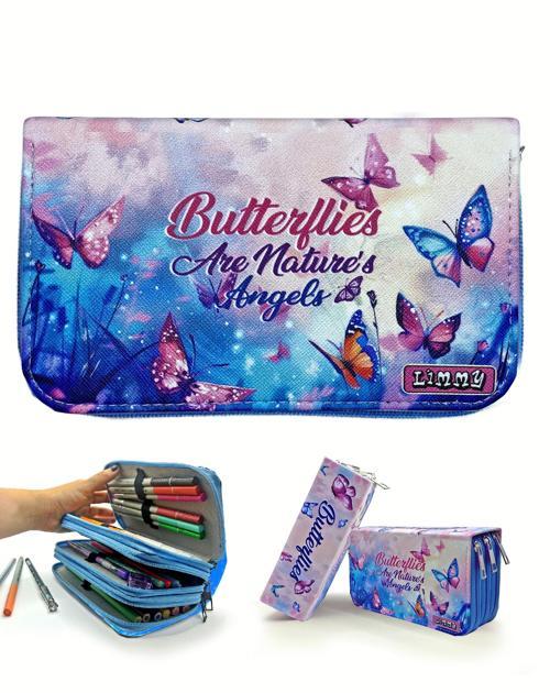 Kalem Kutusu Kelebek Kawai Organizer Kalemkutu Vegan Deri Üç Bölmeli Kalemlik -Mavi