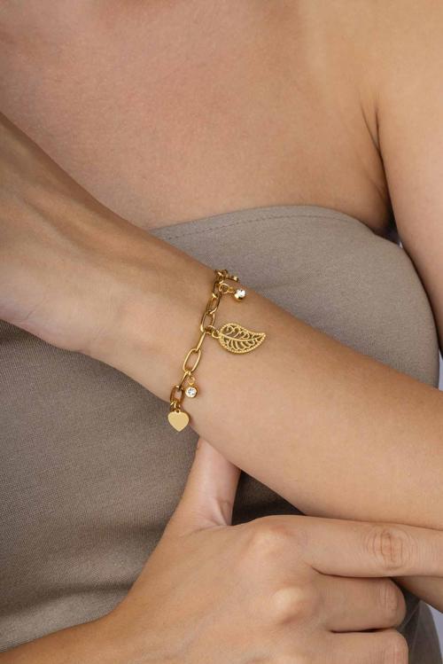 Yaprak Kalp Figürlü Altın Kaplama Çelik Kadın Bileklik