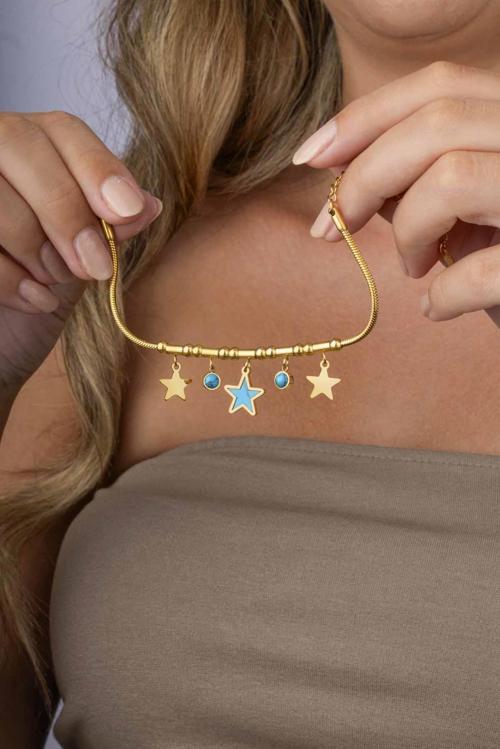 Firuze Taşlı Yıldız Figürlü Altın Kaplama Çelik Kadın Charm Bileklik