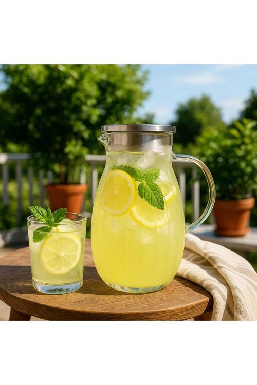 Borosilikat Cam Sürahi Paslanmaz Çelik Kapaklı 1800Ml