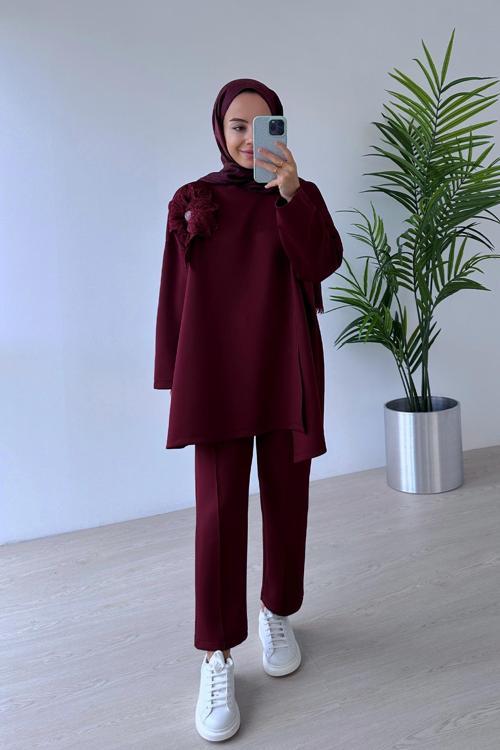 Çiçekli Asimetrik Kesim Scuba Takım - Bordo