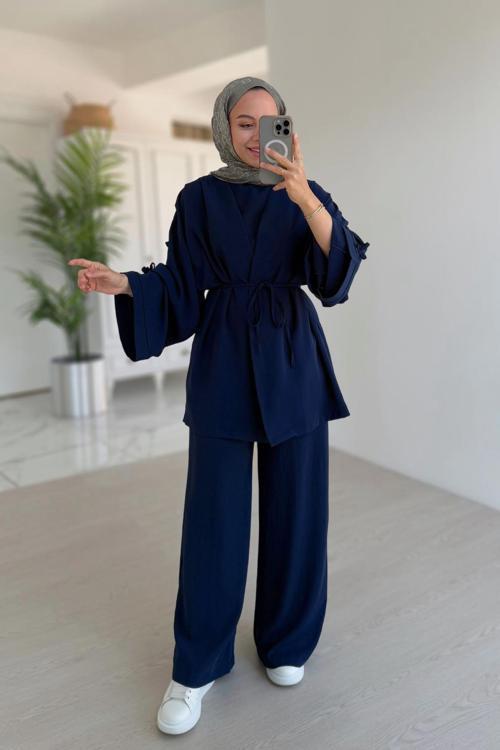 Kolları Fiyonk Detay Bağlamalı Üçlü Takım - Lacivert