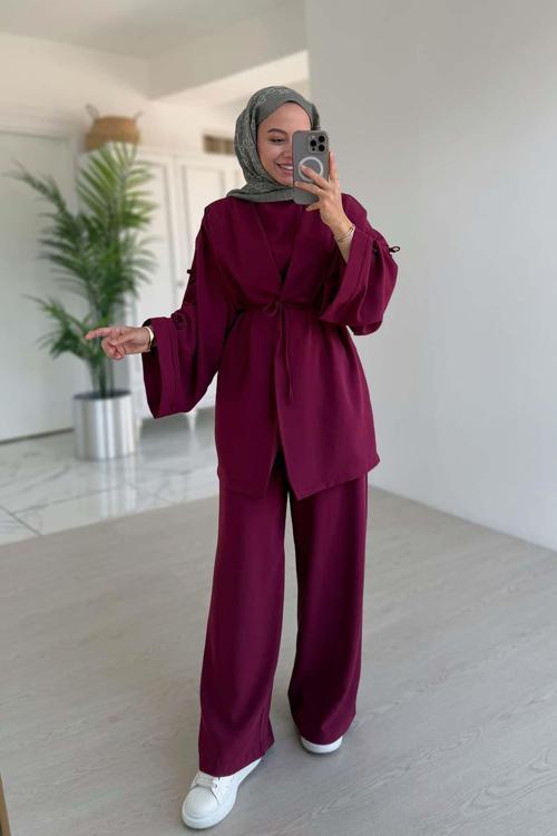 Kolları Fiyonk Detay Bağlamalı Üçlü Takım - Mürdüm