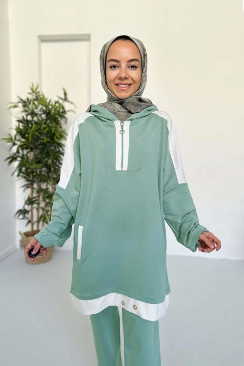 Kapüşon Detay İki İplik Takım - Yeşil