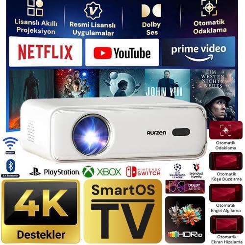 Aurzen D1 Smart TV 4K Destekli Projeksiyon Cihazı +HDR10+Auto Focus+Auto Keystone+6G WiFi+6.1BT+Dolby SesSistemi