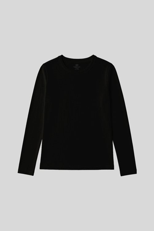 Siyah O Yaka Standart Fit Uzun Kollu Basic Kadın T-Shirt - 97312