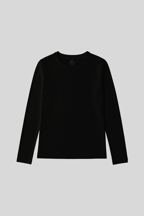 Siyah O Yaka Standart Fit Uzun Kollu Basic Kadın T-Shirt - 97312
