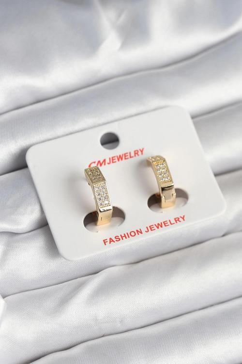 Pirinç Gold Renk Zirkon Taşlı Altıgen Kadın Küpe