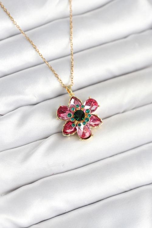316L Çelik Zincirli Pembe Çiçek Model Kadın Kolye